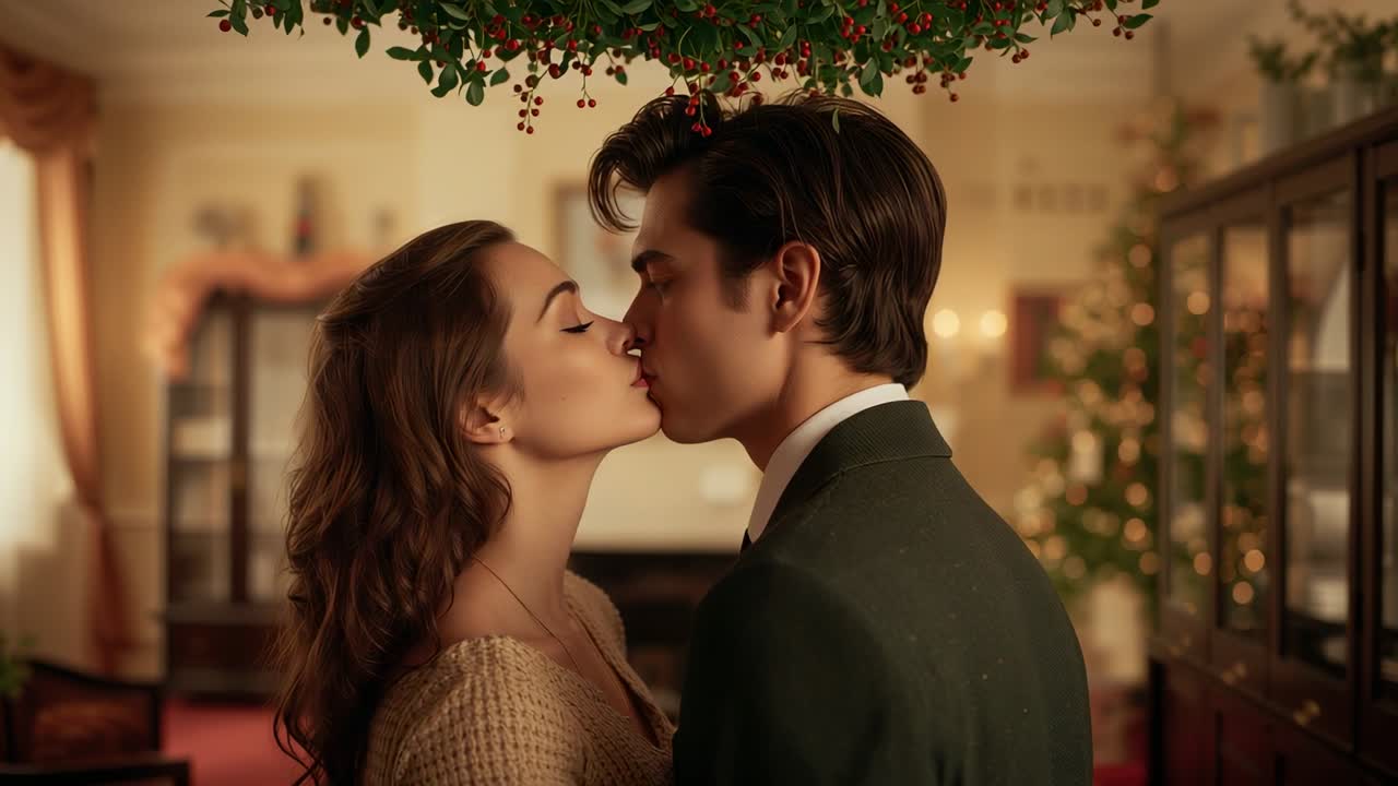 Leaning couple in sweater and suit sharing kiss prompted by mistletoe, parting gaze in living room