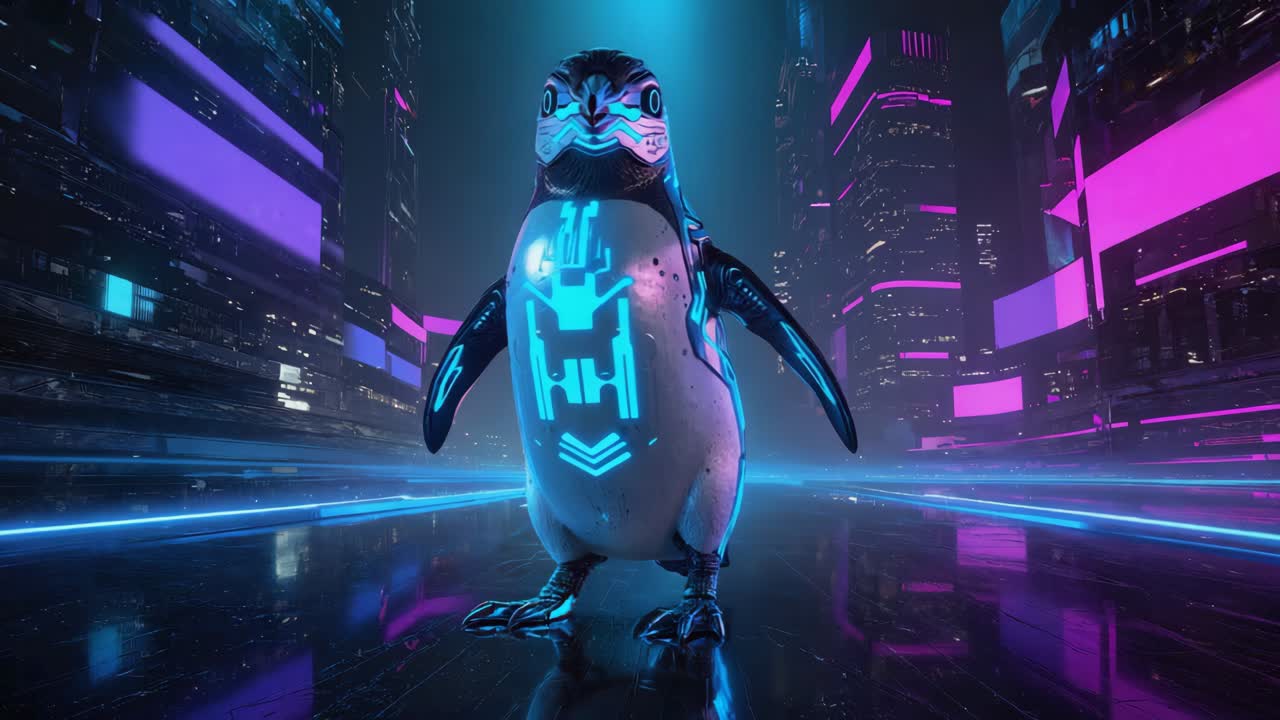 Cyberpunk Penguin in Futuristic City