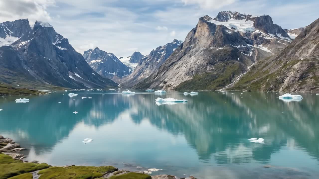 Upea jäätikköjärvi jäävuorineen ja lumihuippuisine vuorineen