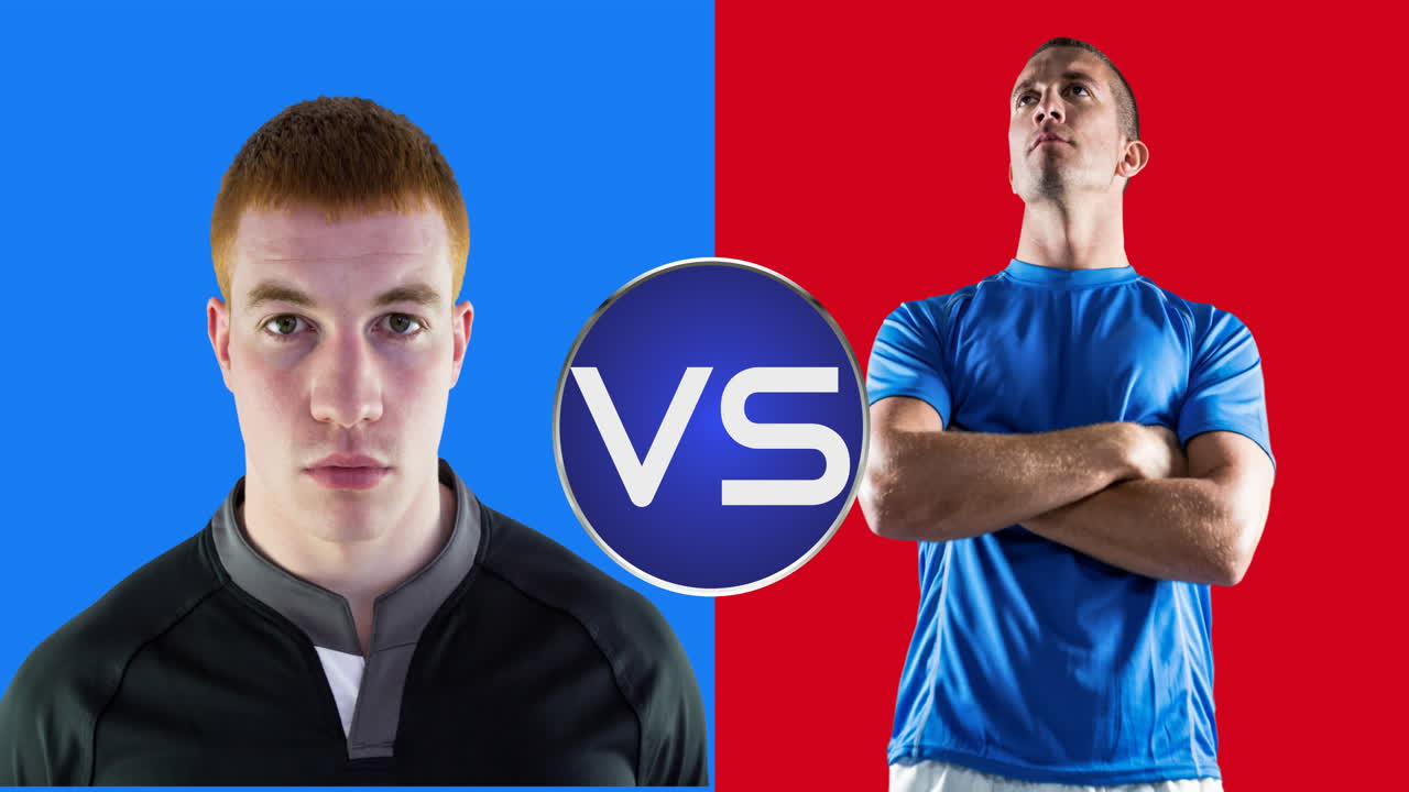 Animation of caucasian male rugby players over blue and red background