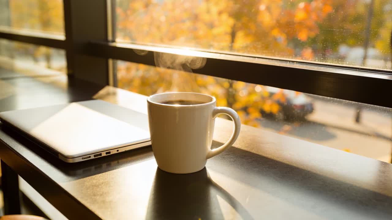 Taza de cerámica blanca desprendiendo vapor rizado, enfriándose en una encimera de madera oscura junto a la ventana, portátil cerrado.