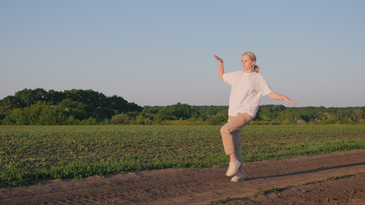 Donna che balla in un campo al tramonto