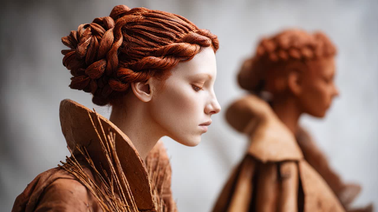 Elegante skulpturerede figurer med indviklede flettede frisurer, der viser kunst og kreativitet i et blødt oplyst miljø
