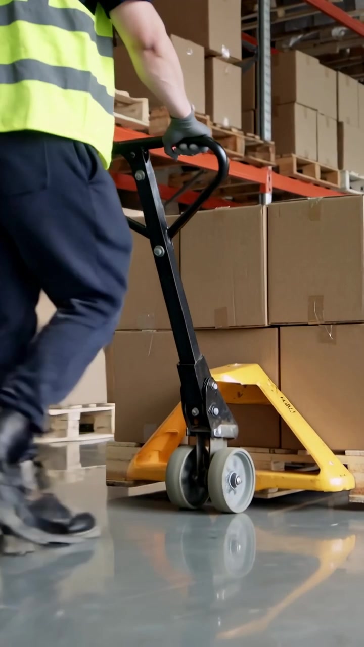 Vertical video: Gripping handle, hi-vis worker guiding yellow pallet truck at rack, moving boxes