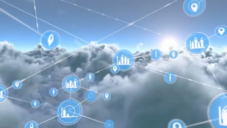 animation of networks of connections with icons over clouds and sky