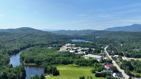 Aerial landscape view of Conway, New Hampshire and Saco River on a sunny day