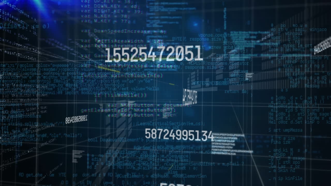 Animation of data processing over light trails on black background