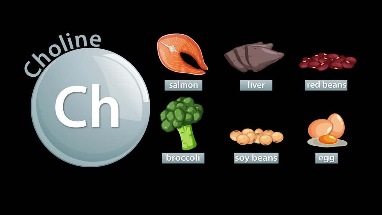 Animated infographic reveals choline-rich foods with labeled icons, smooth transitions, and clean black background