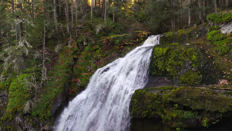 waterfall in forest in the pacific northwest 4k drone footage sideview descending