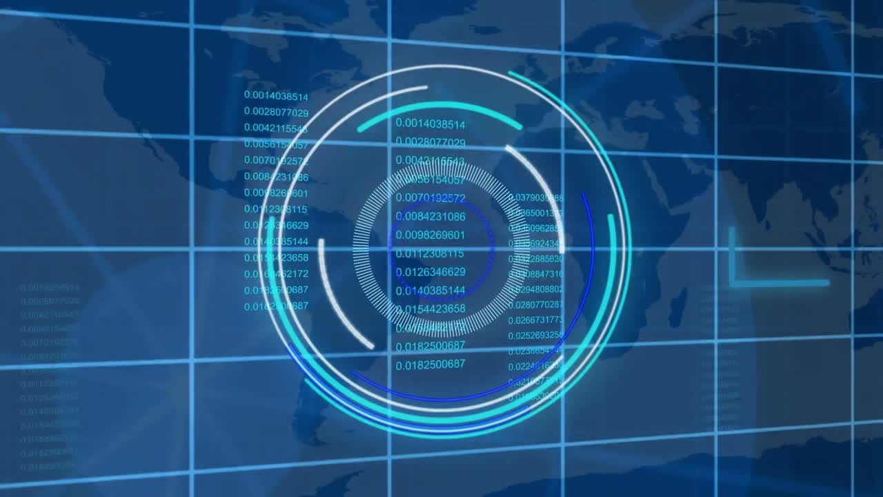 animación del procesamiento de datos financieros y el escaneo del alcance con un mapa del mundo sobre fondo azul