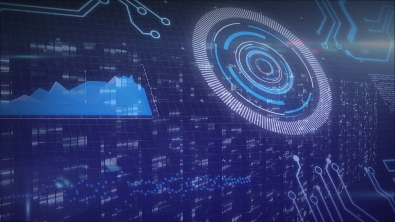 Animation of digital interface with graphs and circular patterns on blue grid