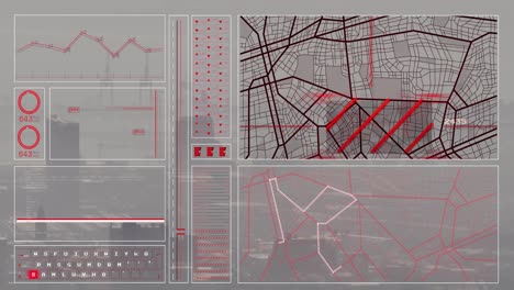 Animación-De-La-Interfaz-Con-Procesamiento-De-Datos-Frente-A-La-Vista-Aérea-Del-Paisaje-Urbano