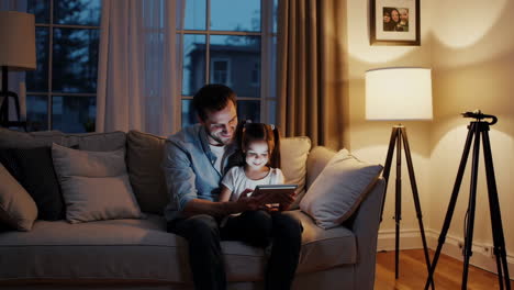 father and daughter bonding with tablet at home