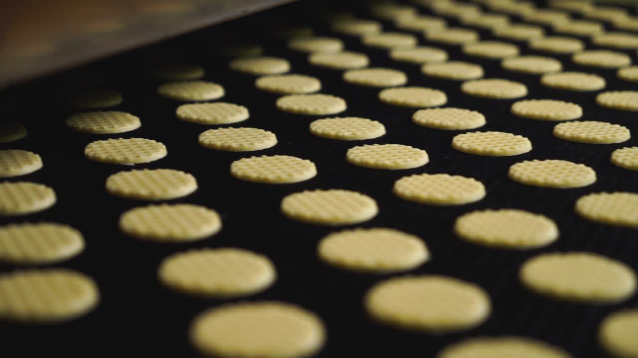 Biscuits in a conveyor belt of a production line in slow motion