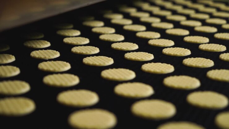 Biscuits in a conveyor belt of a production line in slow motion