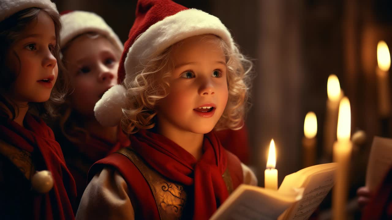 Warm, festive video scene of children in Santa hats singing carols by candlelight