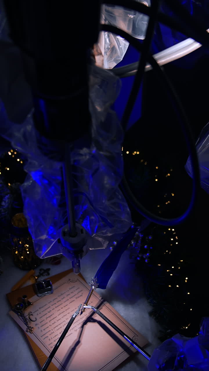 Da Vinci robot writing Christmas letter on the operational table. Thin metal forceps hold a writing pen. Festive decorations around. Top view. Vertical video