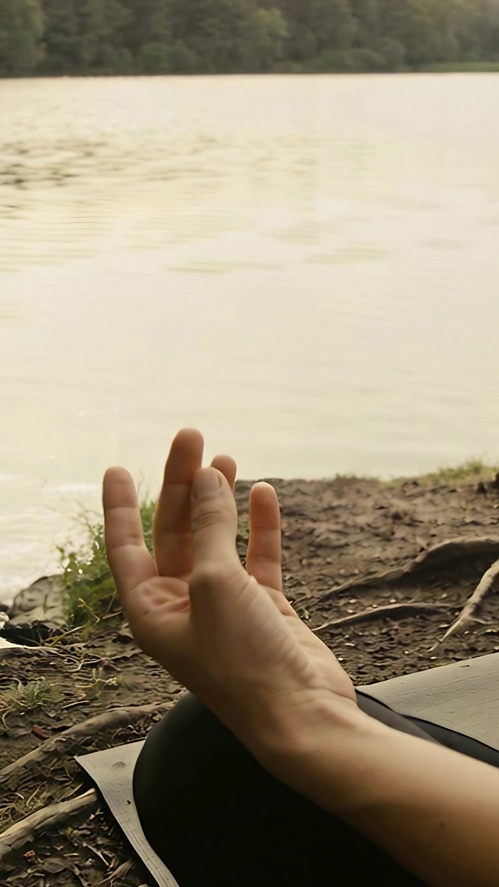Video verticale: Mano e braccio che ruotano e si aprono sopra il ginocchio durante una meditazione al lago, tappetino scuro, leggings scuri.