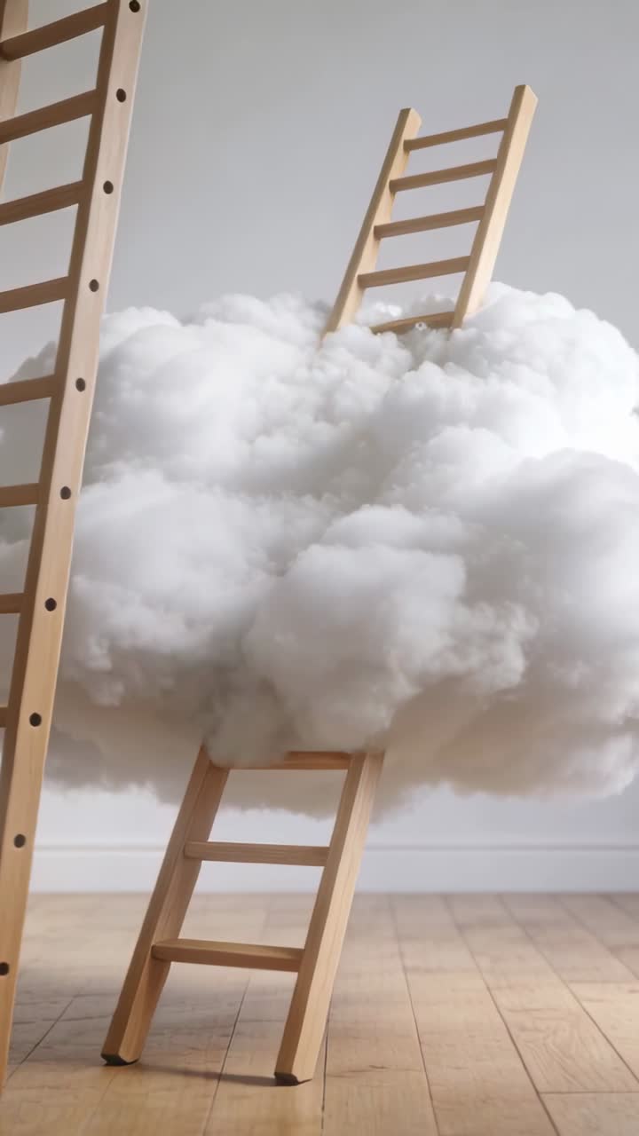Vertikalvideo: Svellende sky som skyver treleidere opp over parkettgulv, skaper surrealistisk kunst.