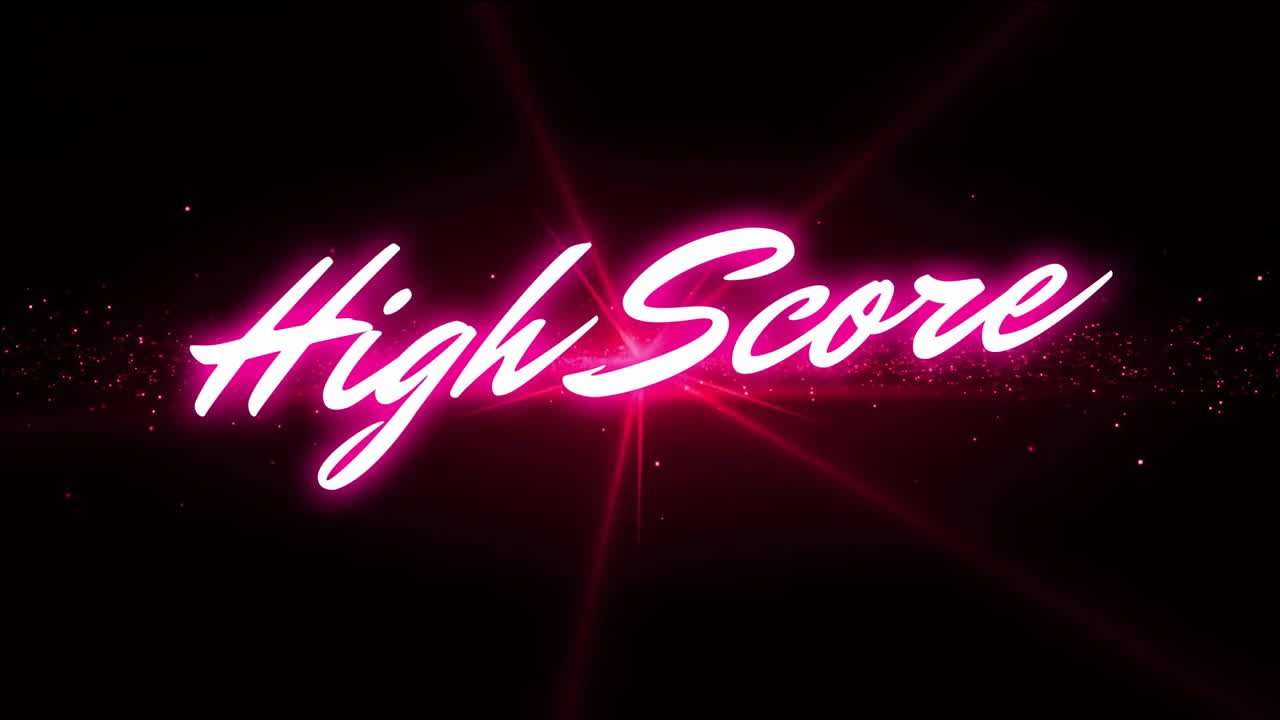 Animazione di testo 'high score' al neon rosa su luce brillante su sfondo nero