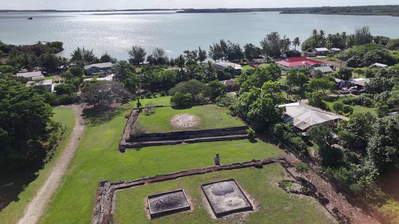 Heritage site in Tonga. Drone pull out from terrace tombs. Tourist attraction, Pacific Islands.