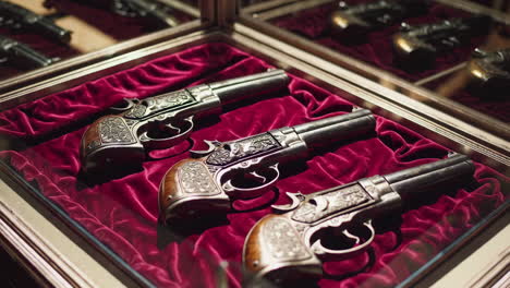 antique double-barreled pistols in display case
