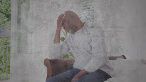 animation of moving background over sad senior african american man