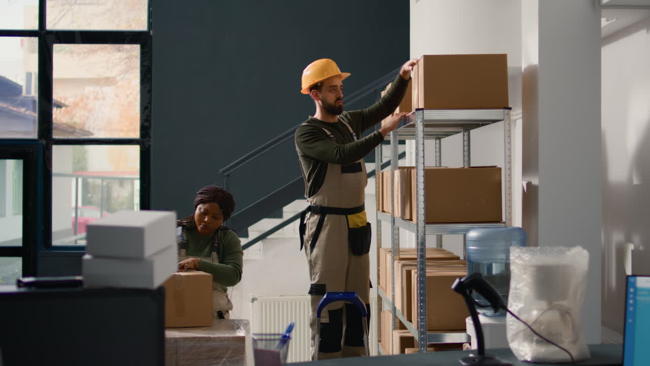 Warehouse employees packing and storing boxes on shelves
