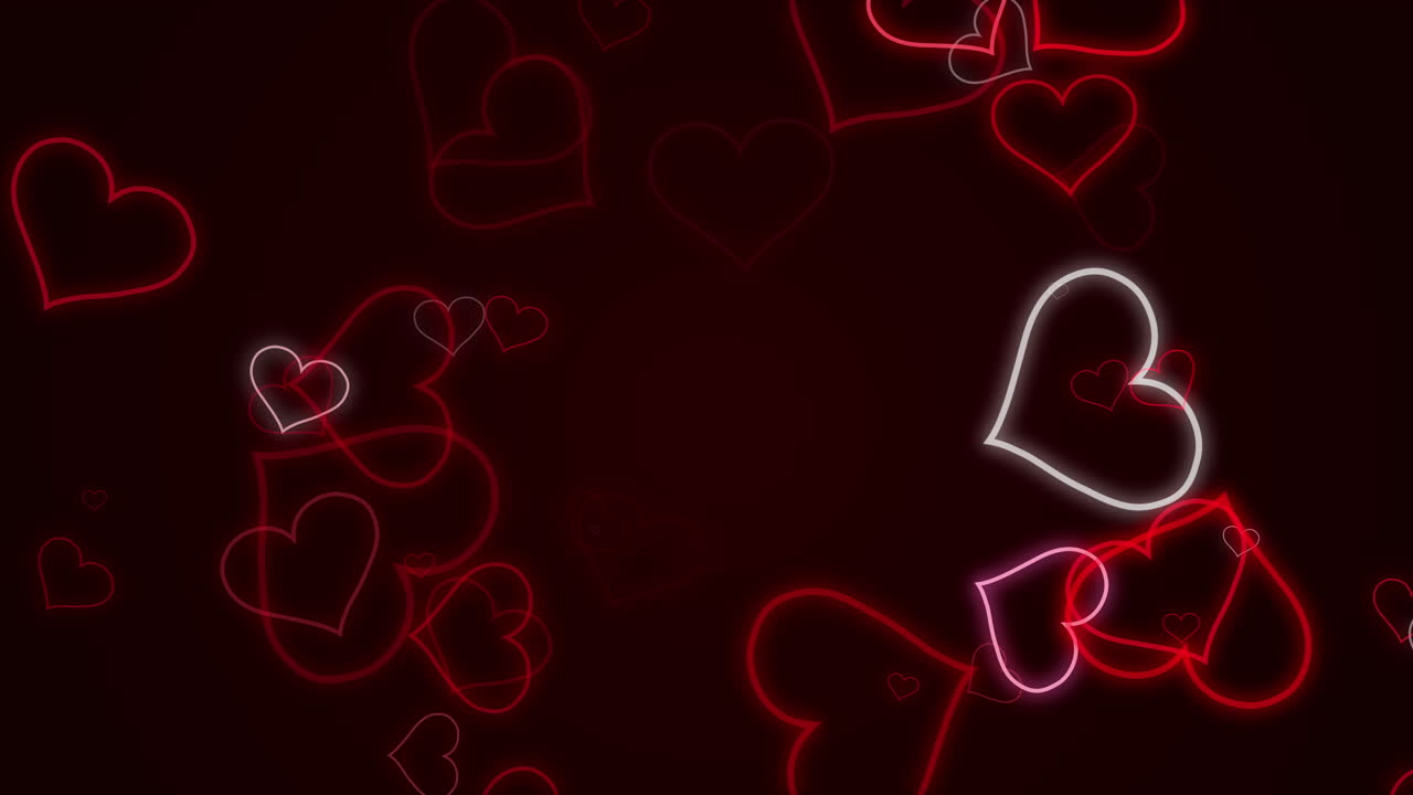 Flying red neon heart shape, glowing borders, vibrant Valentine's Day decoration. Bright elements on dark background. Copy space.