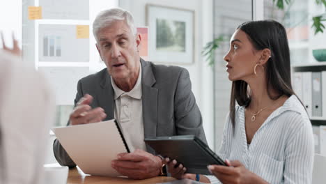 Business-people-in-meeting,-tablet-and-paperwork