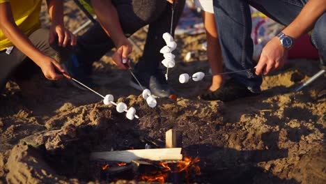 kids roasting marshmallows at a beach campfire