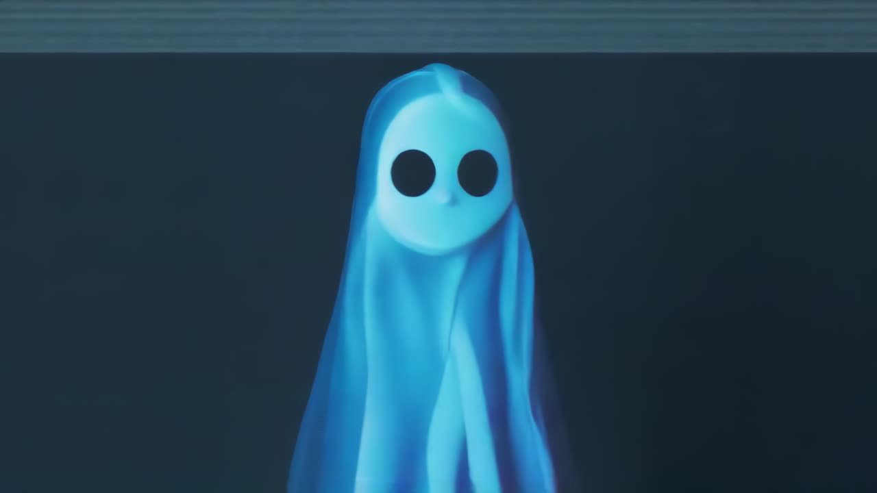 Facing glitch artifacts, CGI ghost figure shifting colors on studio surface, with draped form