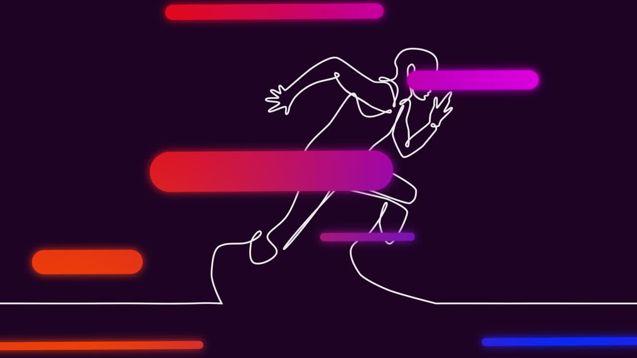 Animation of drawing of male runner and shapes on black background