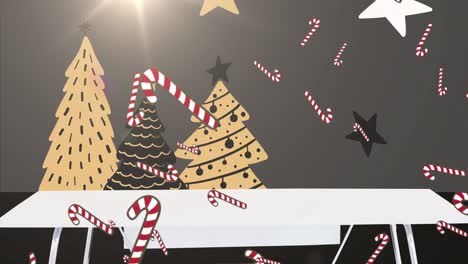 Animation-of-snow-and-candy-canes-falling-over-christmas-trees-on-black-background