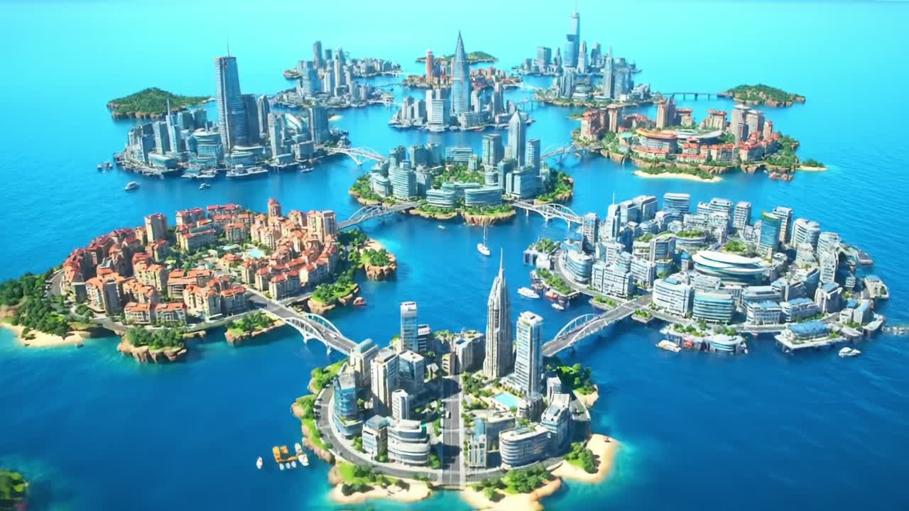Aerial View of an Impressive Futuristic Cityscape Featuring Connected Islands with Luxurious Structures, Waterways, and Vibrant Green Spaces Amidst a Bright Blue Ocean