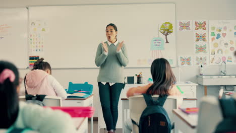 School,-education-and-children-with-hand-raised