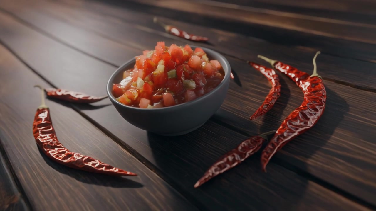 Ciotola di salsa di pomodoro fresca con peperoncini secchi su un tavolo di legno