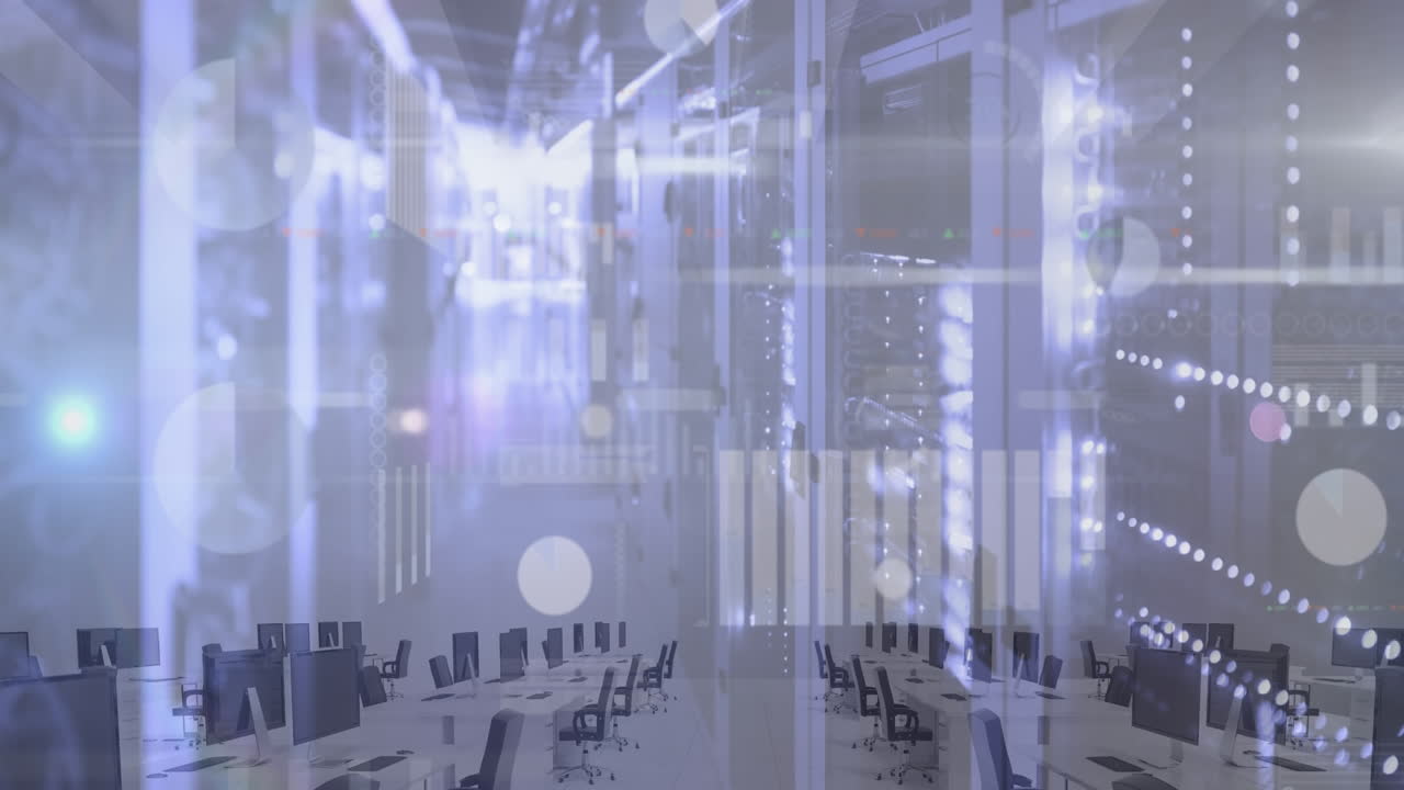 Animation merges data processing with server room visuals in a business tech concept.