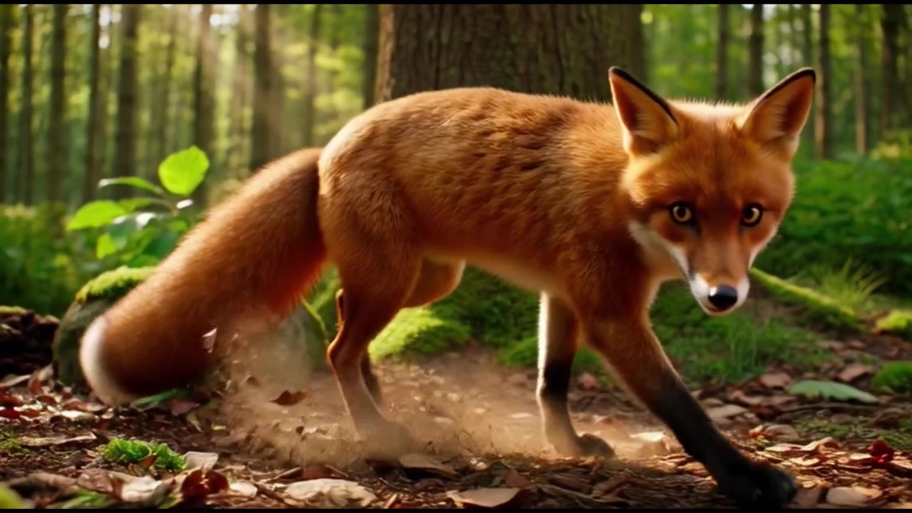 Raposa Vermelha Saltando Sobre uma Rocha Coberta de Musgo em uma Floresta Exuberante.
