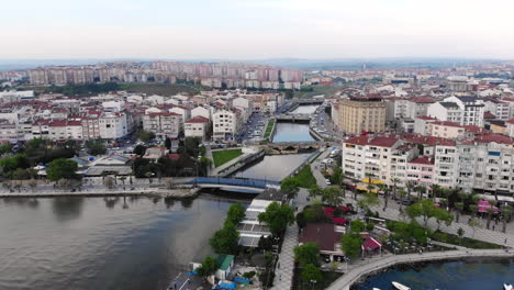 aerial dolly in drone flight towards residential area in istanbul, turkey