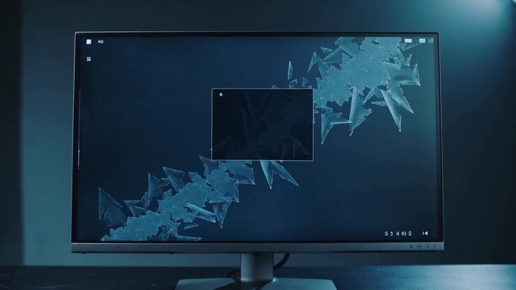 Showing flat monitor animating shard pattern on desk, on animation start with central overlay