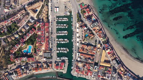 Vertical-aerial-view-of-a-leisure-harbour-Spain-Cape-Palos--sunny-day-sandy