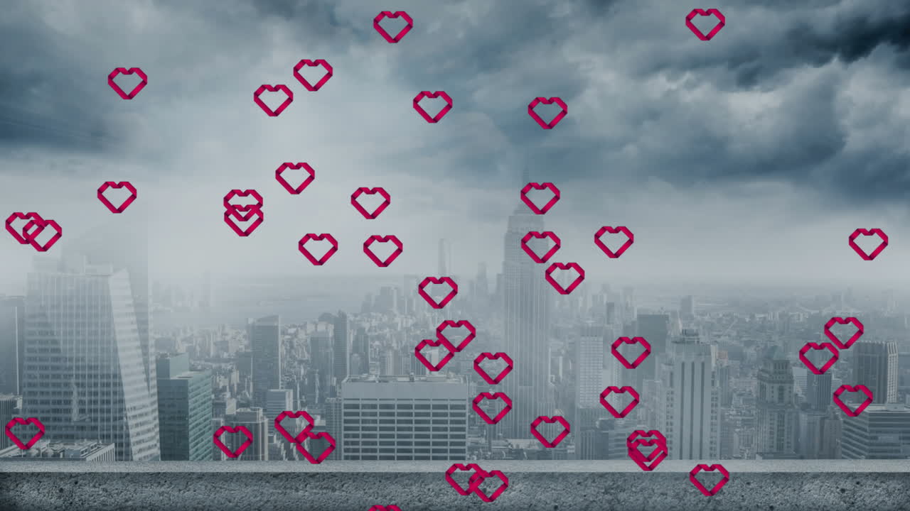 Urban skyline being visualized in 3D render, with floating magenta hearts over concrete rooftop