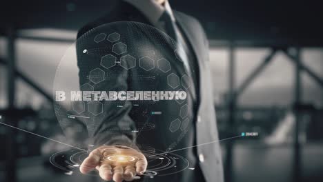 businessman with into the metaverse in russian hologram concept