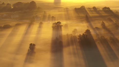 Drone-aerial-view-of-foggy-autumn-morning,-Kaunas-county,-Lithuania