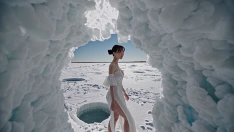 woman in a white dress amidst a winter wonderland of ice and snow