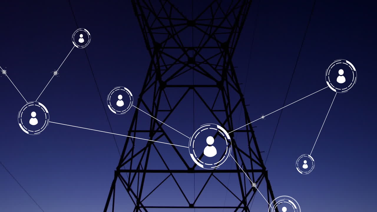 animación de la red de conexiones con iconos sobre el pilón