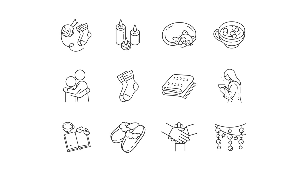 Collection of Cozy Winter and Holiday Line Art Icons