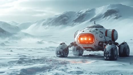 futuristic rover in a snowy mountain landscape