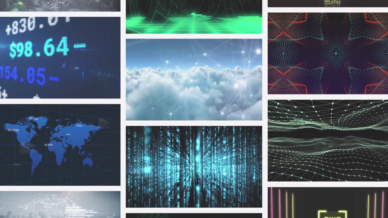 композитная анимация нескольких прокручивающихся бизнес, досуг и технологических экранов